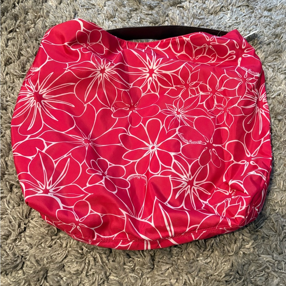 NWT! Neiman Marcus floral nylon tote with brown vegan leather strap - Picture 5 of 11